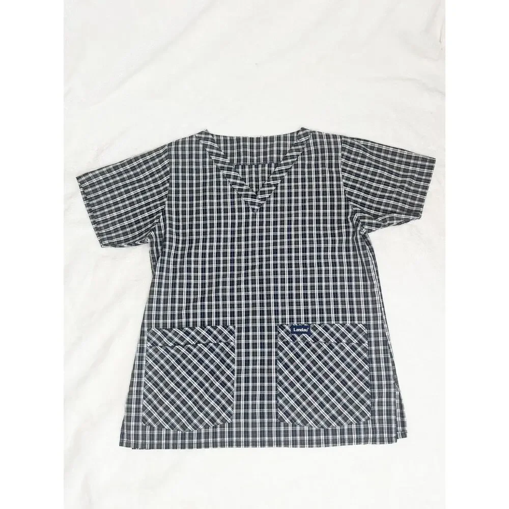 LANDAU Blue Green Red White Plaid V-neck Scrub Top Medical Uniform Medium